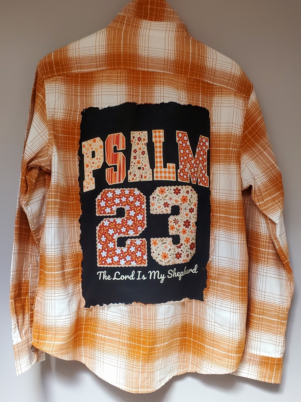 Upcycled Psalm 23 Floral Patch Orange Plaid Button-Up Shirt
